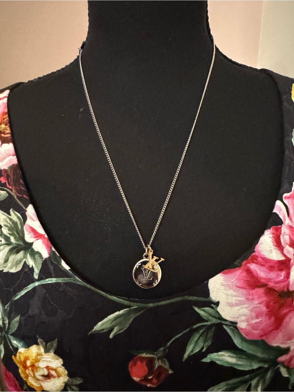 Louis Vuitton Silver Disc Necklace with Gold LV Charm